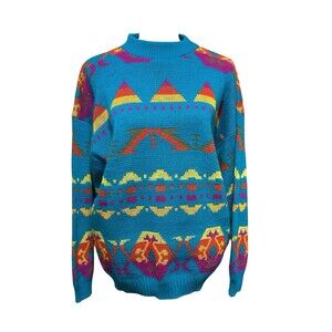 Vintage Kmart W Tag Private Eyes Sweater Blue W Whimsical Pattern 80s Preppy Lg